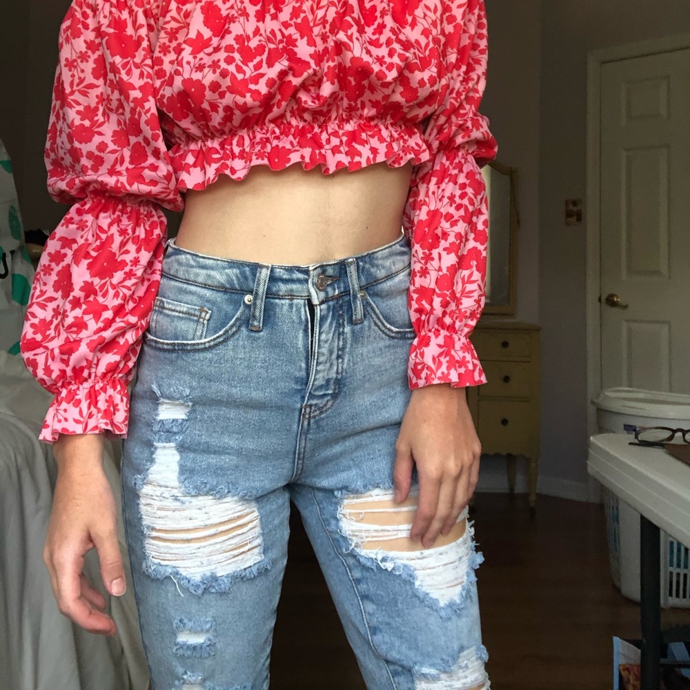 Distressed denim shorts.
